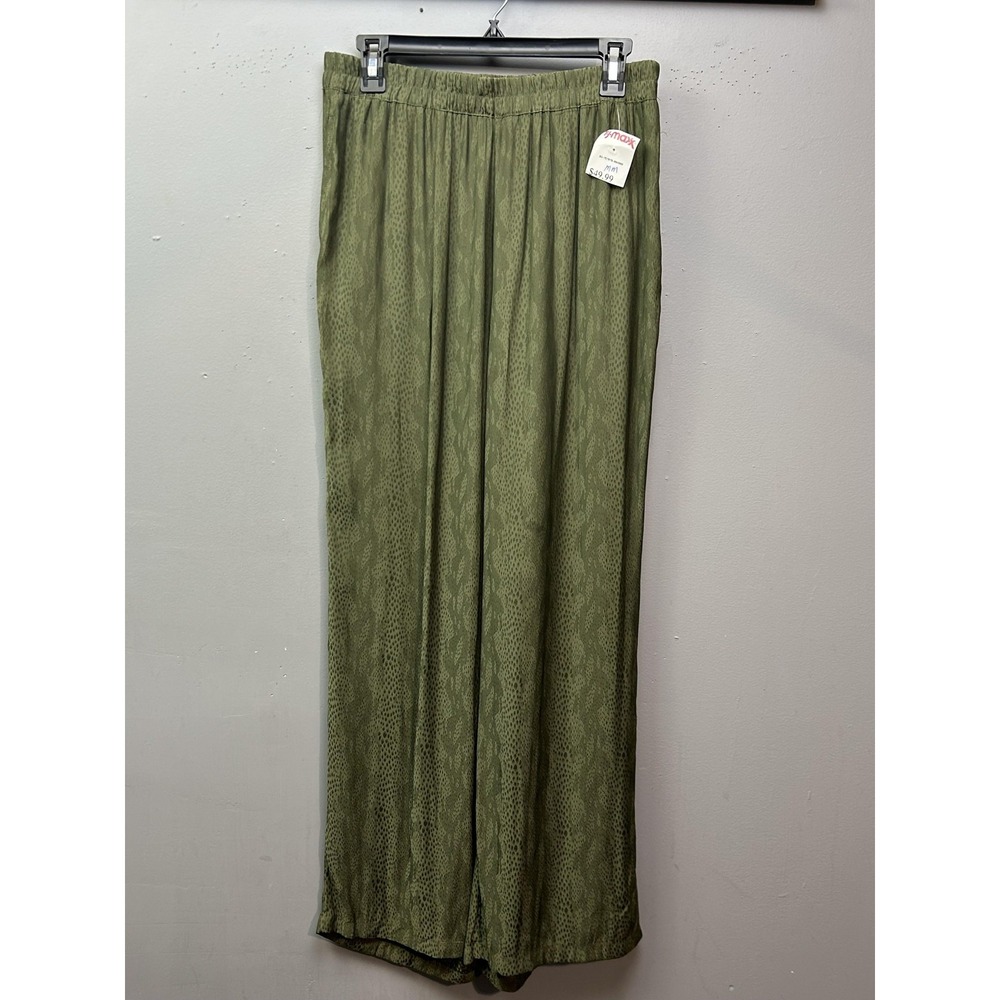 Modern Works Pants Womens Medium Green Wide Leg Pull On‎ Snake Print Side Slit